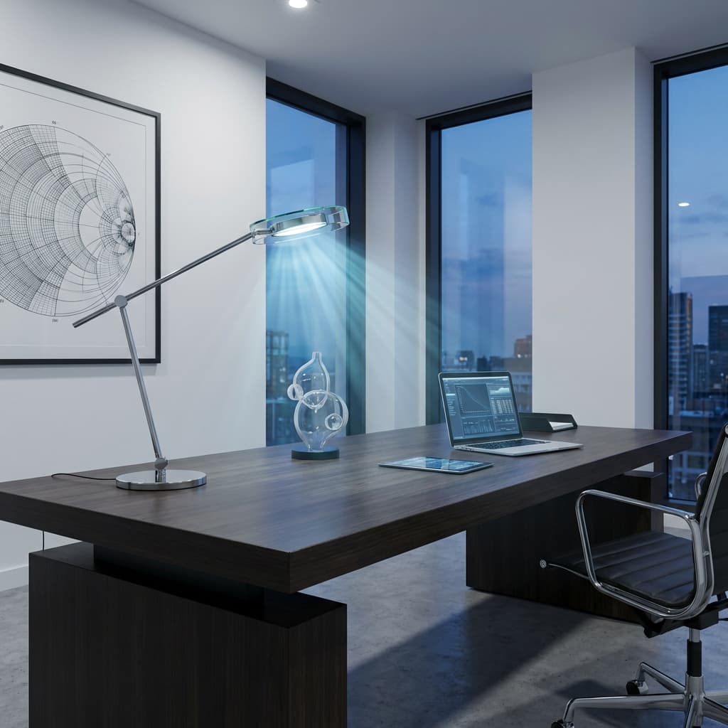 High-end modern home office with cinematic lighting